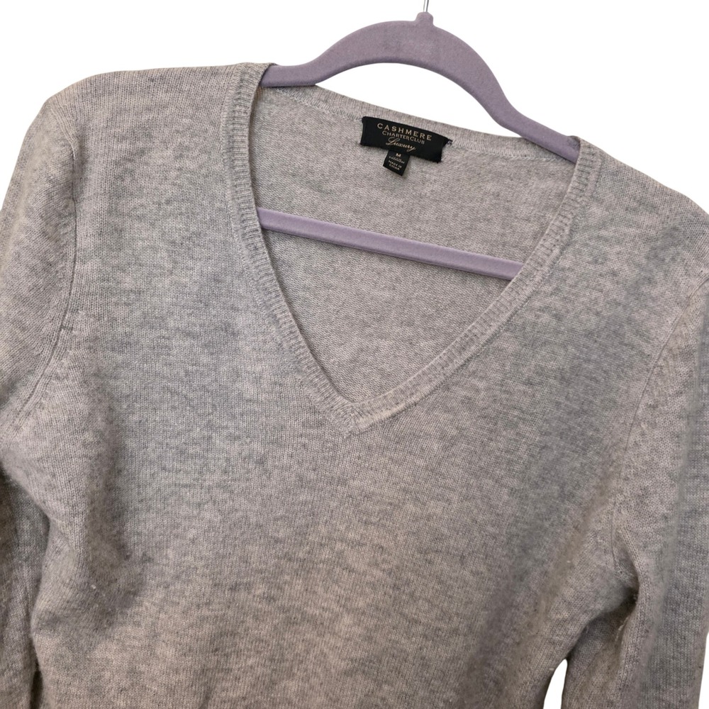 Charter Club Luxury Womens Gray 100% Cashmere V-Neck Sweater Size M Heathered‎
